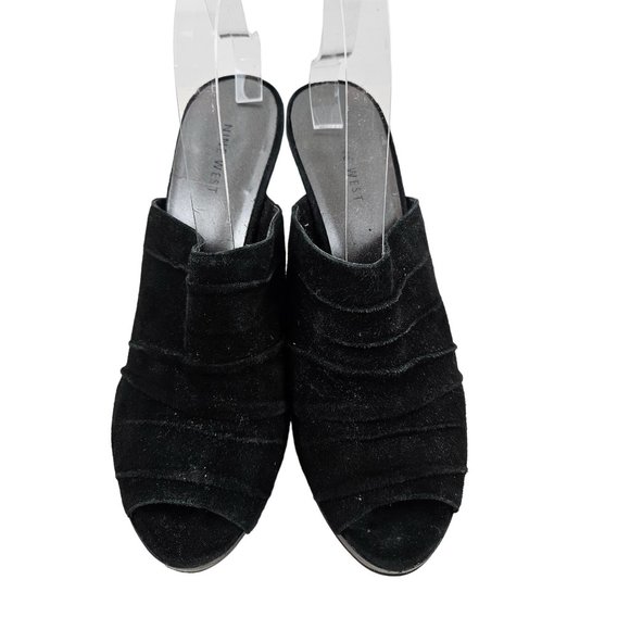 Nine West Shoes Womens 9.5M Slip On Heels Black Suede Open Toe Pleated Dressy - Picture 2 of 9